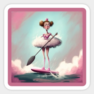 Quirky ballerina wearing her tutu on a stand up paddle board. Sticker